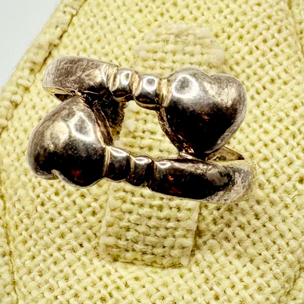 Vintage 925 Sterling Silver Double Heart Bypass Ring